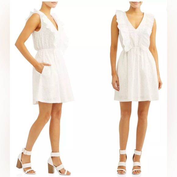 Textile Elizabeth & James White Cotton Eyelet Ruffle Dress Size Large V Neck - Picture 1 of 7